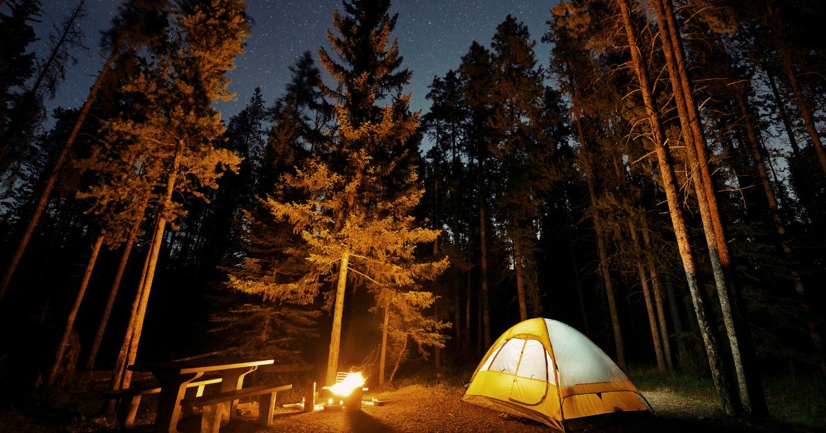 Tent with campfire under a starry sky